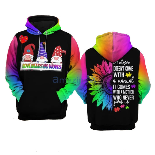 Autism Hoodie Love Need No Words Gnomes Graphic Hoodie Colorful Unisex - Cozy Hoodie For Cold Weather