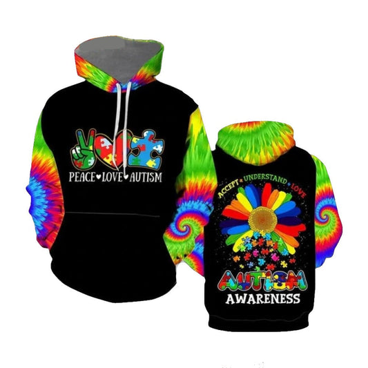 Autism Hoodie Peace Love Autism Awareness Puzzle Pieces Hoodie Colorful Unisex - Cozy Hoodie For Cold Weather