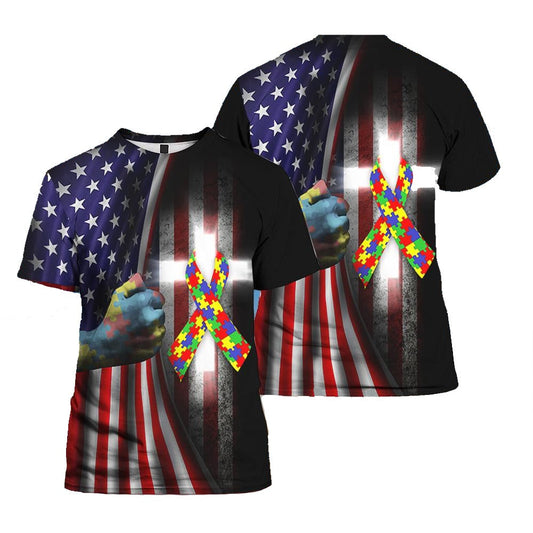Autism T-Shirt Autism Awareness Jesus Cross American Flag T-Shirt Black Unisex - Trendy Gift For Men & Women