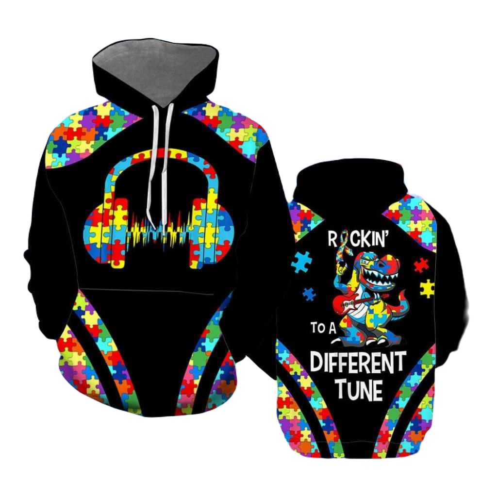 Autism Hoodie Dinosaur Rocking To A Different Tune Hoodie Colorful Unisex - Cozy Hoodie For Cold Weather