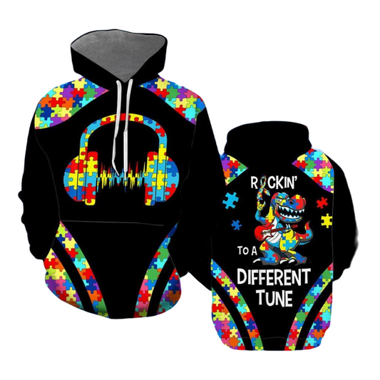 Autism Hoodie Dinosaur Rocking To A Different Tune Hoodie Colorful Unisex - Cozy Hoodie For Cold Weather