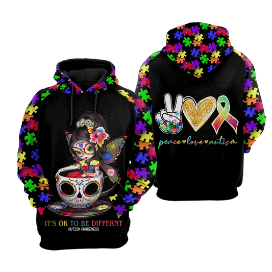 Autism Hoodie Peace Love Autism It'S Ok To Be Different T-Shirt Colorful Unisex - Trendy Gift For Men & Women