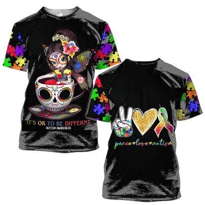 Autism Hoodie Peace Love Autism It'S Ok To Be Different T-Shirt Colorful Unisex - Trendy Gift For Men & Women