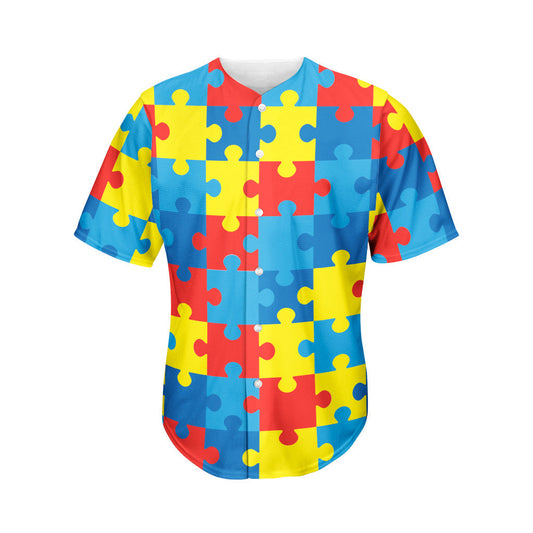 Autism Baseball Jersey Autism Awareness Puzzle Pieces Pattern Jersey Shirt Colorful Unisex