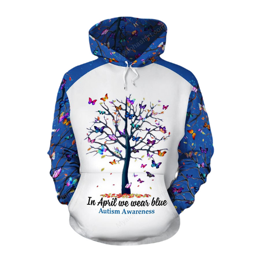 Autism Hoodie In April We Wear Blue Tree With Butterflies Hoodie White Blue Unisex - Cozy Hoodie For Cold Weather