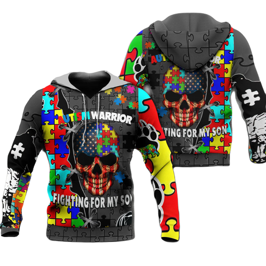 Autism Hoodie Autism Warrior Fighting For My Son Hoodie Colorful Unisex - Cozy Hoodie For Cold Weather