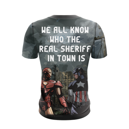 MV Shirt Captain America Iron Man We All Know Who The Real Sheriff In Town Is T-shirt