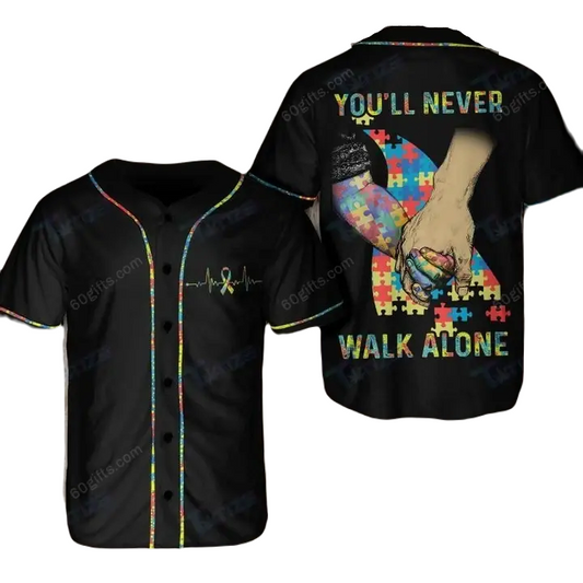 Autism Baseball Jersey You Never Walk Alone Hands Holding Jersey Shirt Black Unisex