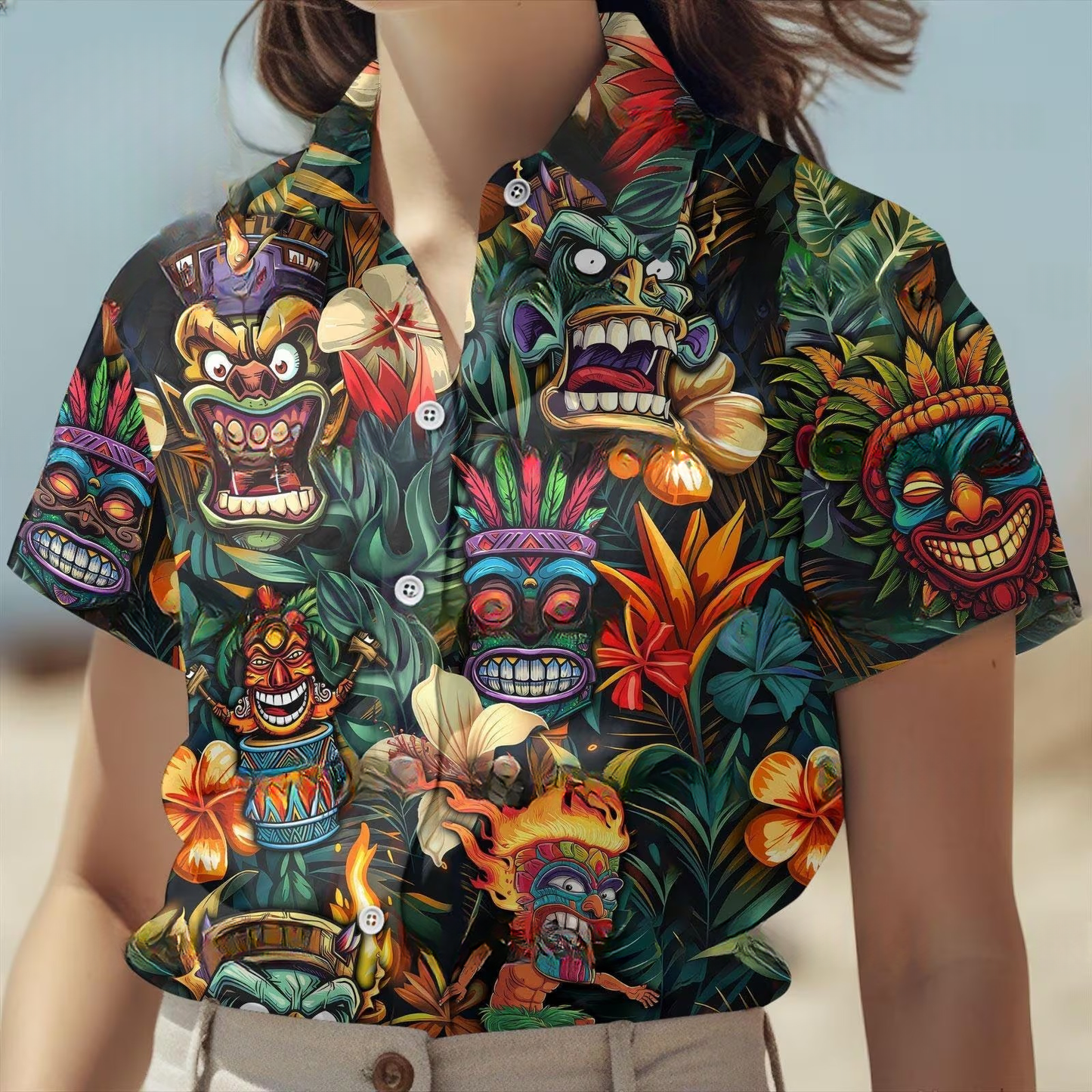 Tiki Hawaiian Shirt, Tribal Mask Surf Aloha Shirt, Tropical Vintage Island Shirt