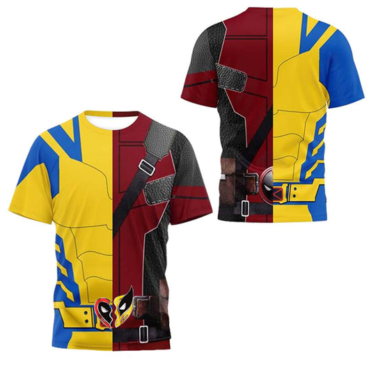 Deadpool T-Shirt Marvel Deadpool And Wolverine Suit Half Side T-Shirt Red Yellow Unisex - Trendy Gift For Men & Women