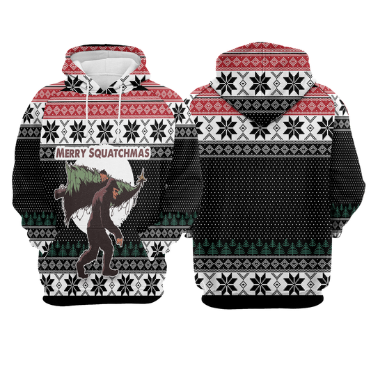 Bigfoot Hoodie Bigfoot Merry Squatchmas Christmas Hoodie Black Red Unisex - Cozy Hoodie For Cold Weather