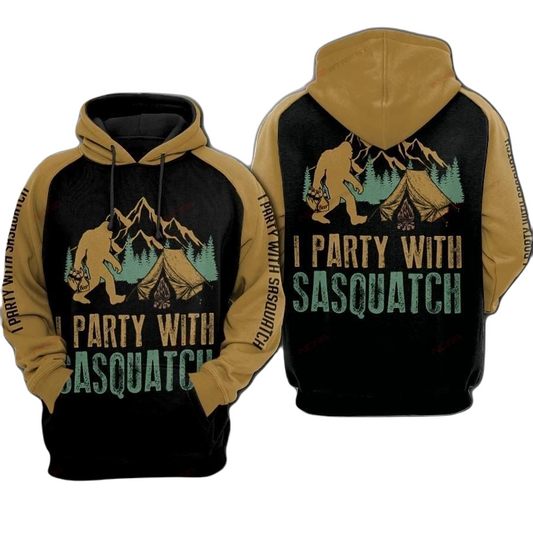 Bigfoot Hoodie I Party With Sasquatch Hoodie Black Yellow Unisex - Cozy Hoodie For Cold Weather