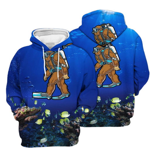 Bigfoot Hoodie Bigfoot Scuba Diving Ocean Hoodie Blue Unisex - Cozy Hoodie For Cold Weather