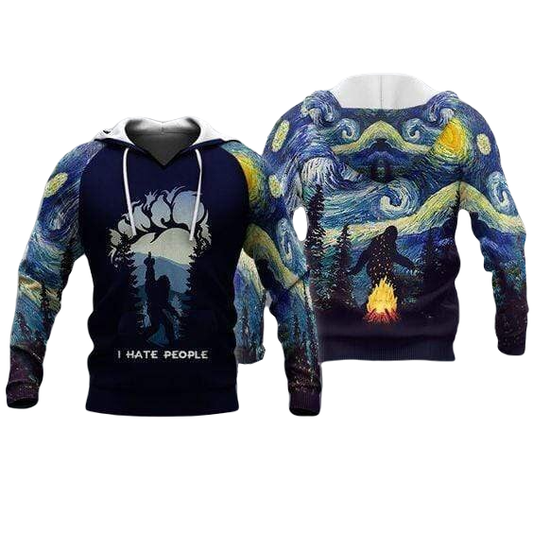 Bigfoot Hoodie Bigfoot Starry Night I Hate People Hoodie Black Blue Unisex - Cozy Hoodie For Cold Weather