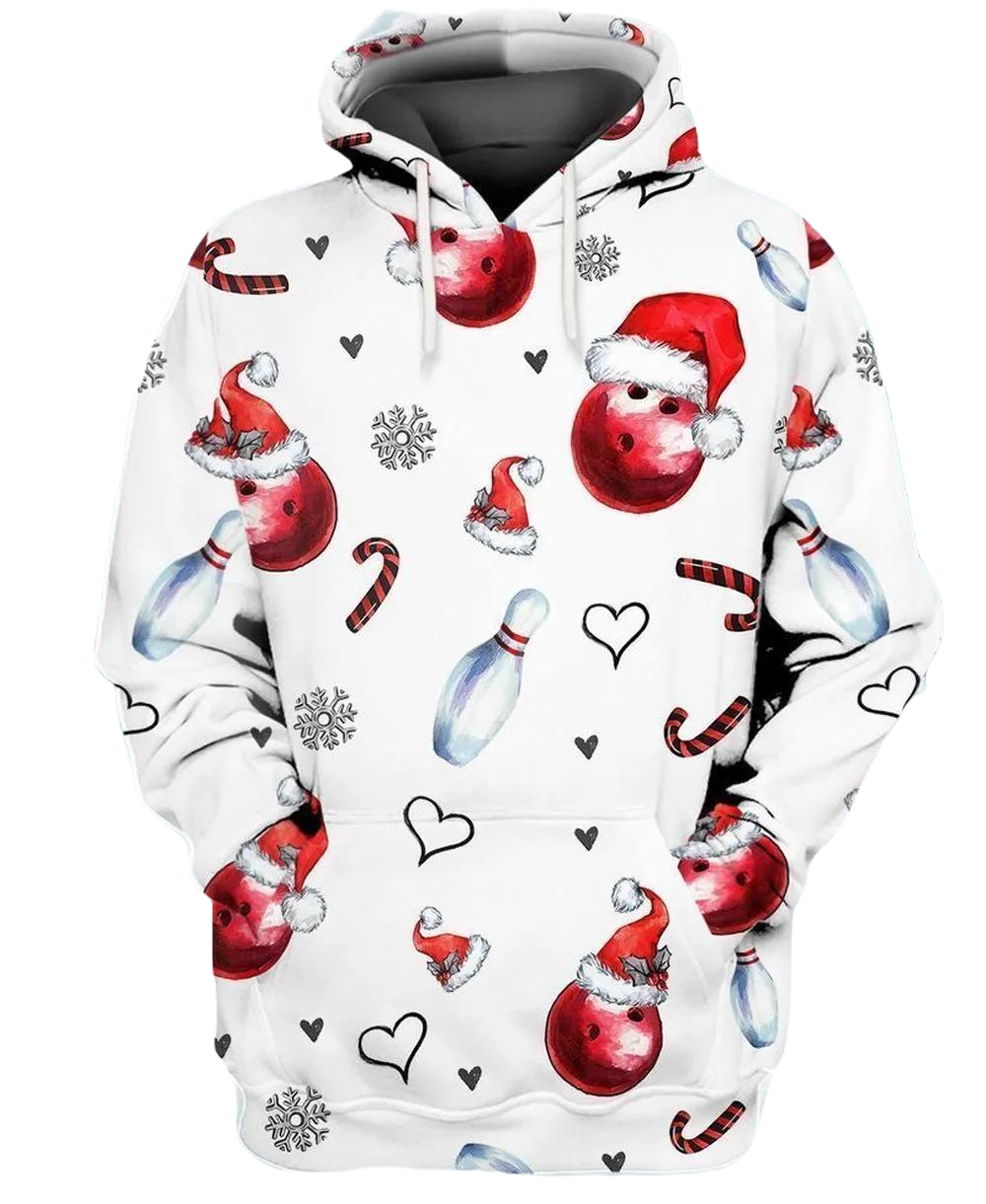 Bowling Hoodie Bowling Christmas Pins And Balls Hoodie White Red Unisex