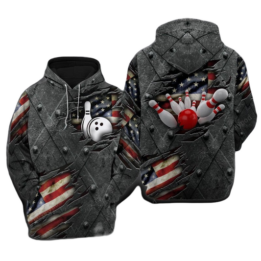 Bowling Hoodie Bowling Metal Panel American Flag Hoodie Black Unisex