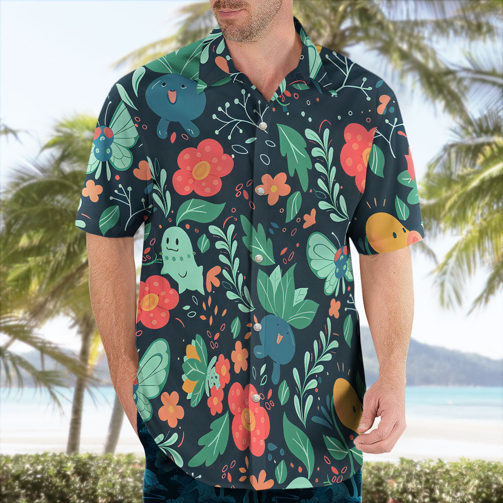 Bulbasaur Chikorita Oddish Pokémon Hawaiian Shirt Floral Print | Tropi Hawaiian Shirts Store