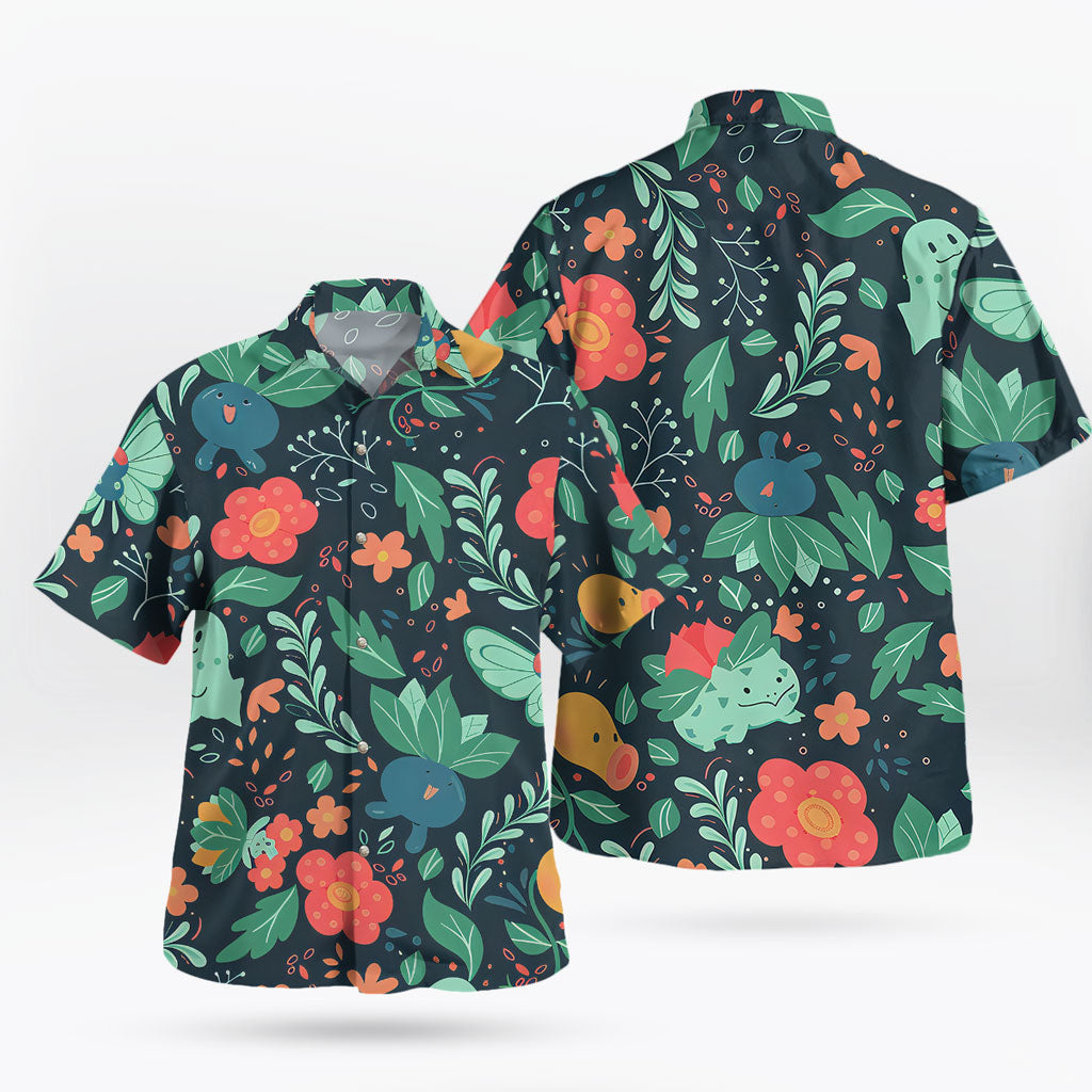 Bulbasaur Chikorita Oddish Pokémon Hawaiian Shirt Floral Print | Tropi Hawaiian Shirts Store