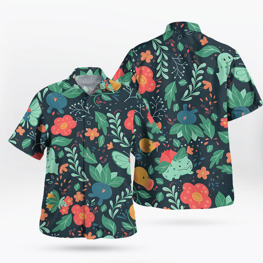 Bulbasaur Chikorita Oddish Pokémon Hawaiian Shirt Floral Print | Tropi Hawaiian Shirts Store