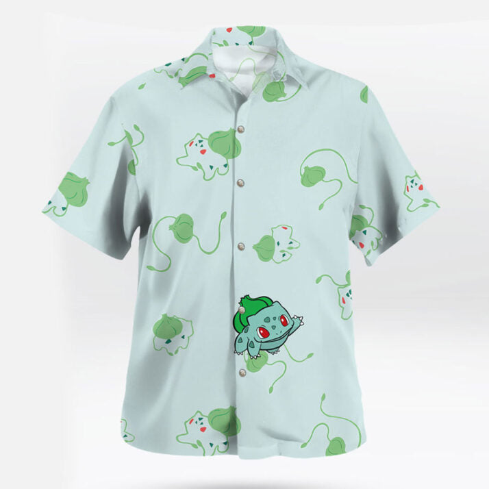 Bulbasaur Pokémon Hawaiian Shirt Cute Green Leaf Print | Tropi Hawaiian Shirts Store
