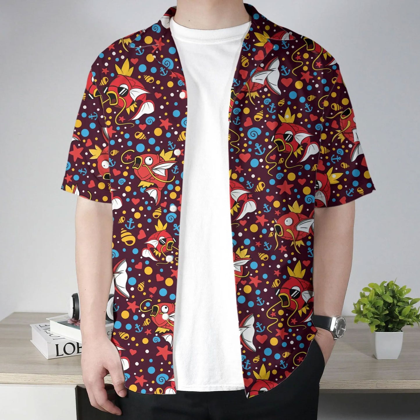 Burgundy Magikarp Pattern Pokemon Hawaiian Shirt
