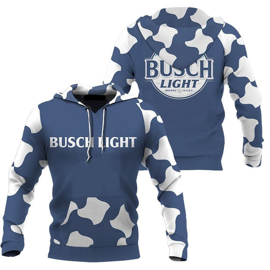 Busch Light Hoodie Busch Light Cow Pattern Hoodie White Blue Unisex - Cozy Hoodie For Cold Weather