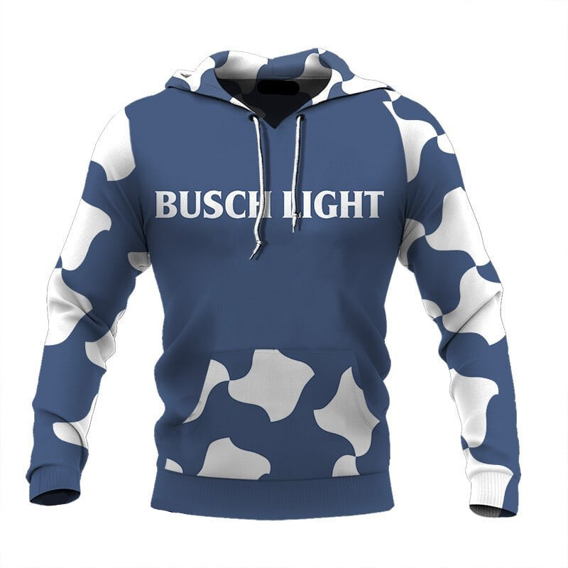 Busch Light Hoodie Busch Light Cow Pattern Hoodie White Blue Unisex - Cozy Hoodie For Cold Weather