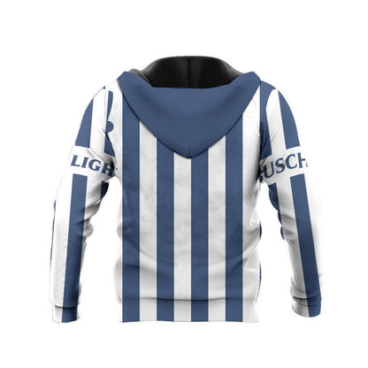 Busch Light Hoodie Busch Light Vintage Striped Hoodie White Blue Unisex - Cozy Hoodie For Cold Weather