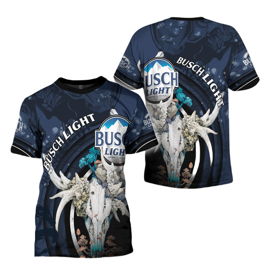 Busch Light T-Shirt Busch Light Deer Skull With Mushrooms T-Shirt Blue Unisex - Trendy Gift For Men & Women