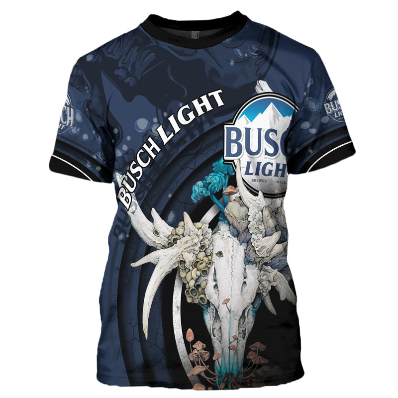 Busch Light T-Shirt Busch Light Deer Skull With Mushrooms T-Shirt Blue Unisex - Trendy Gift For Men & Women