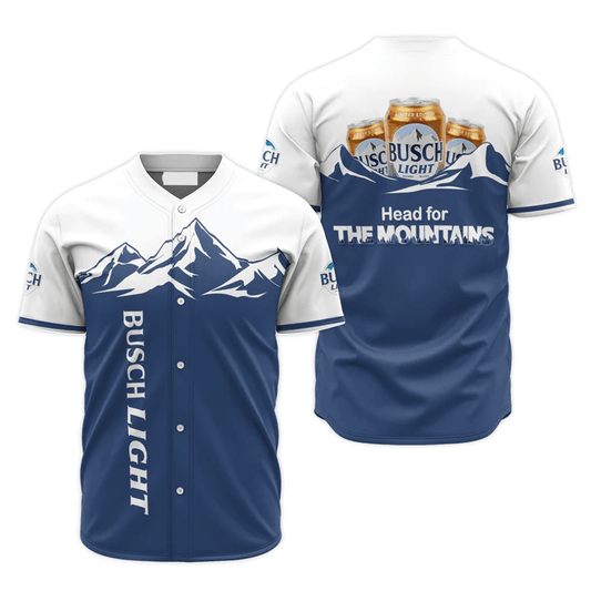 Busch Light Baseball Jersey Busch Light Head for the Mountains Jersey Shirt White Blue Unisex Adult New Release
