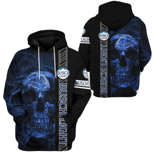 Busch Light Hoodie Busch Light Smoking Skull Hoodie Black Blue Unisex - Cozy Hoodie For Cold Weather