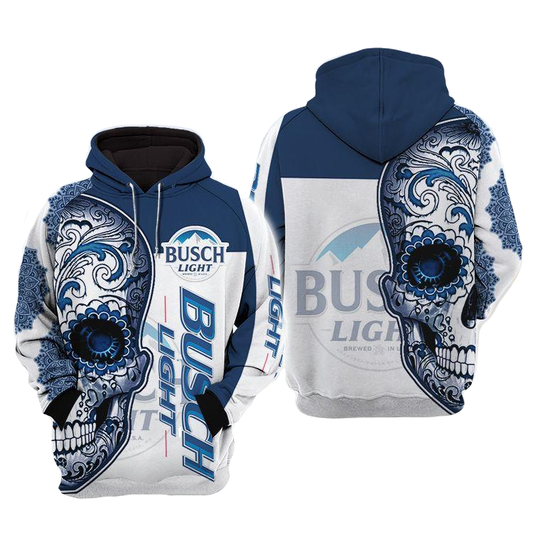 Busch Light Hoodie Busch Light Sugar Skull Hoodie White Blue Unisex - Cozy Hoodie For Cold Weather
