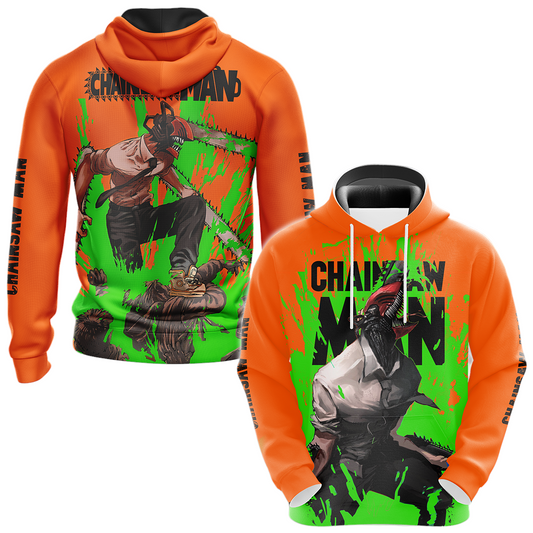 Chainsaw Man Hoodie Chainsaw Man Fighting Scene T-Shirt Orange Green Unisex - Trendy Gift For Men & Women
