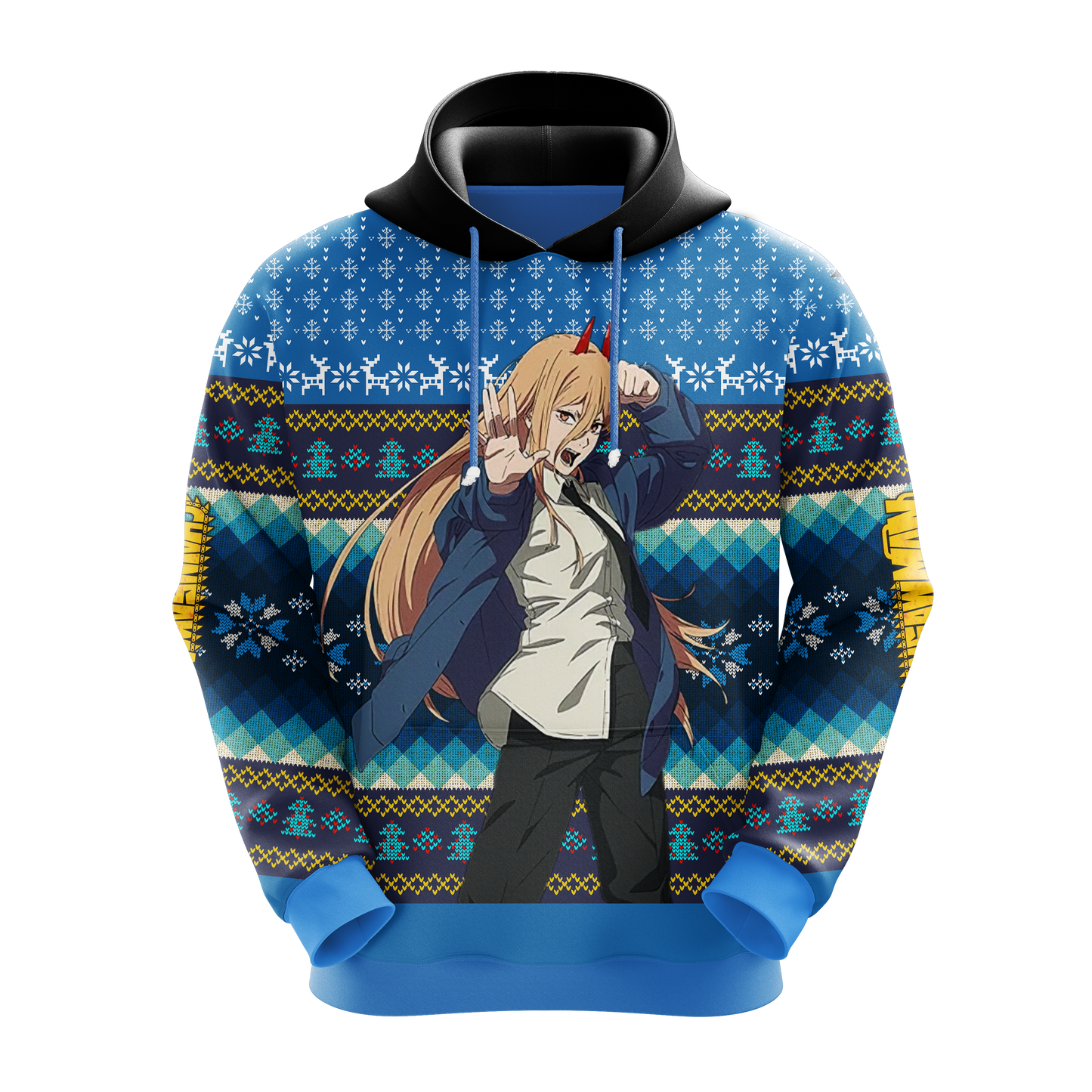 Chainsaw Man Hoodie Power Devil Christmas Pattern Hoodie Blue Unisex - Cozy Hoodie For Cold Weather