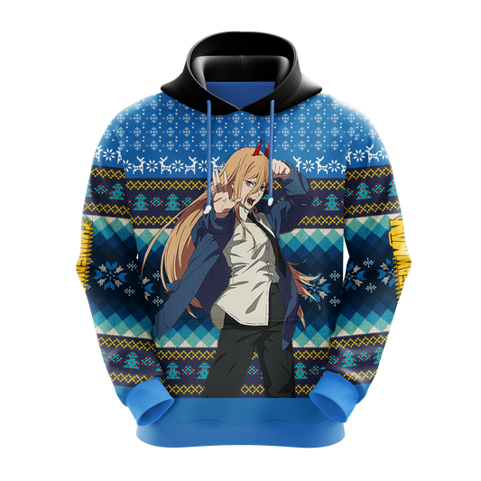 Chainsaw Man Hoodie Power Devil Christmas Pattern Hoodie Blue Unisex - Cozy Hoodie For Cold Weather