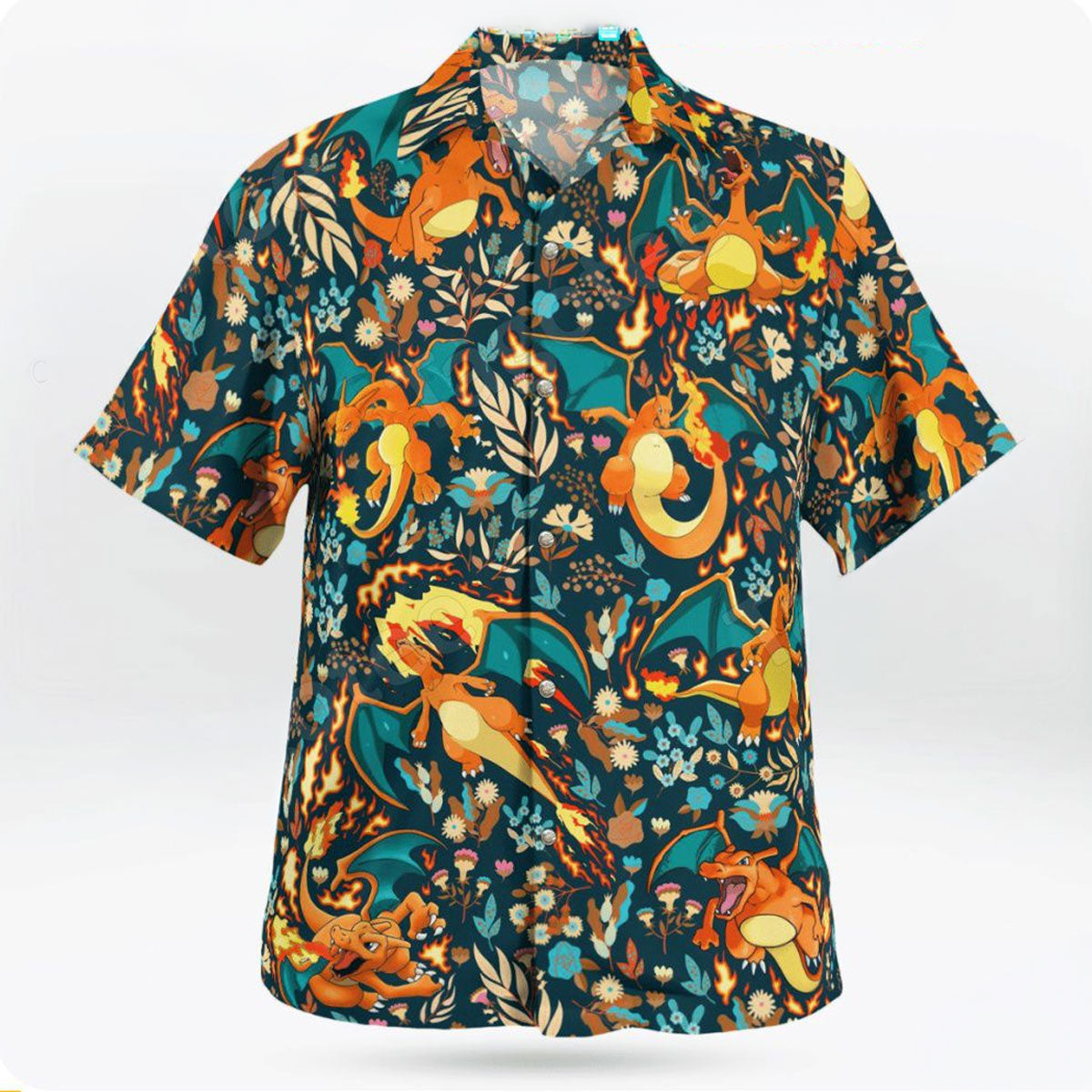 Charizard Flame Tropical Dark Floral Hawaiian Shirt | Tropi Hawaiian Shirts Store