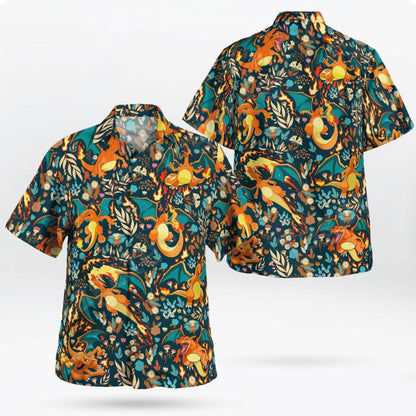 Charizard Flame Tropical Dark Floral Hawaiian Shirt | Tropi Hawaiian Shirts Store