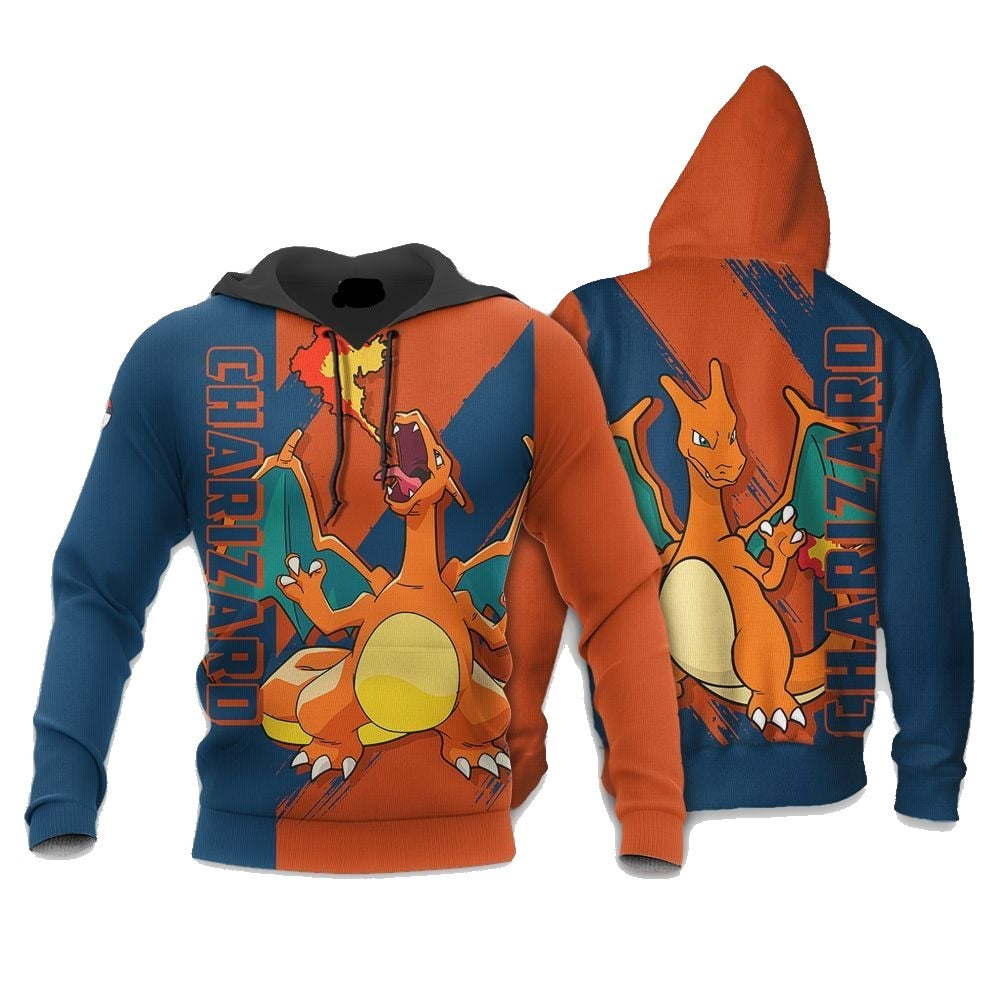 Pokemon Hoodie Charizard Blowing Fire Hoodie Orange Blue Unisex - Cozy Hoodie For Cold Weather