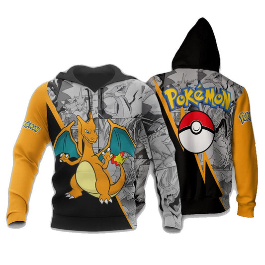 Pokemon Hoodie Charizard Graphic Manga Style Hoodie Black Orange Unisex - Cozy Hoodie For Cold Weather