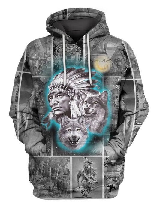 Native American Hoodie Chief And Wolf Native American Hoodie Gray Unisex - Cozy Hoodie For Cold Weather