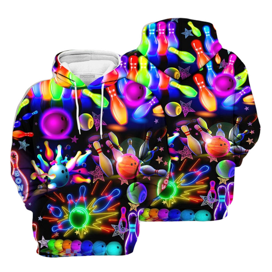 Bowling Hoodie Bowling Pins And Balls Neon Light Pattern Hoodie Colorful Unisex