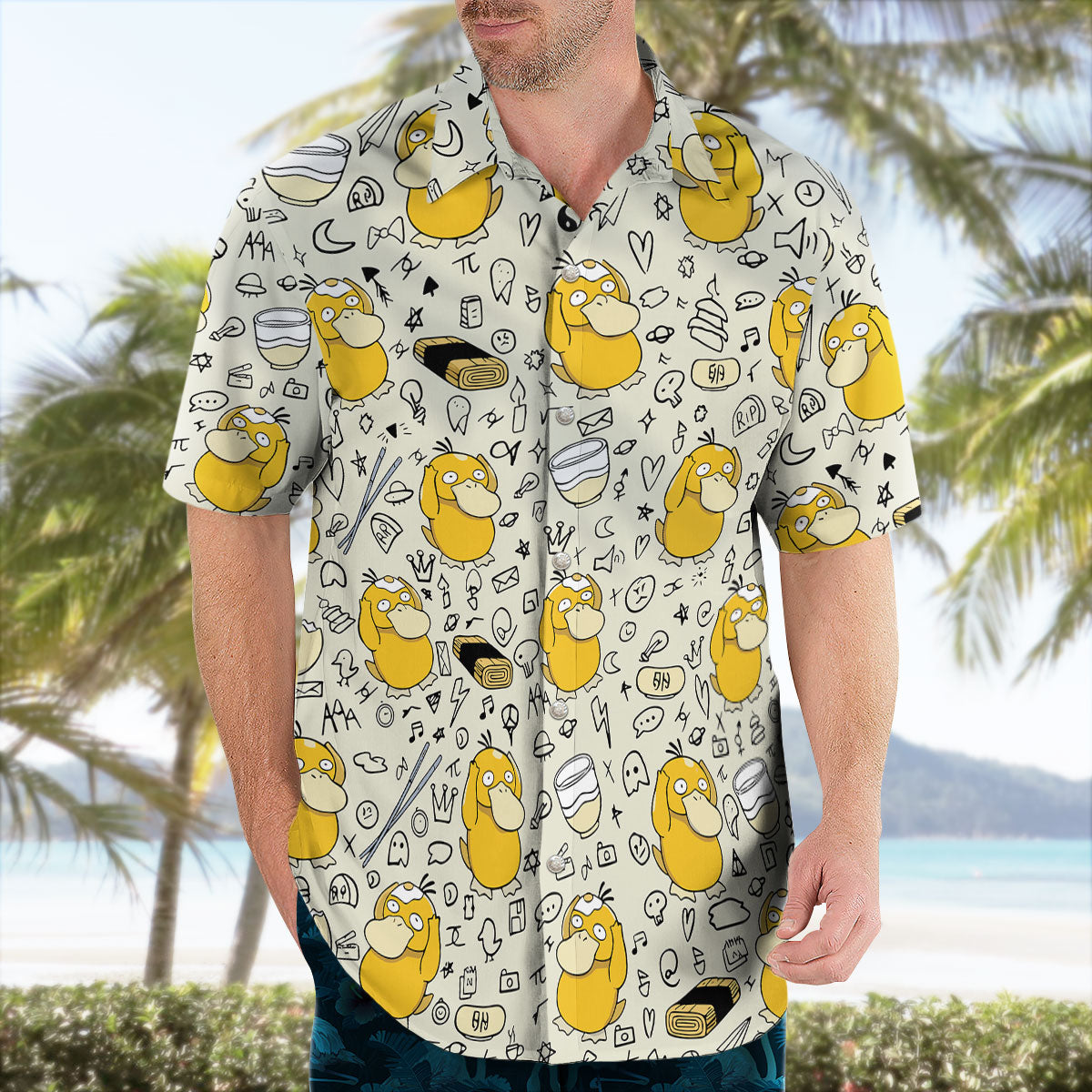 Cream Psyduck Doodle Pattern Pokémon Hawaiian Shirt