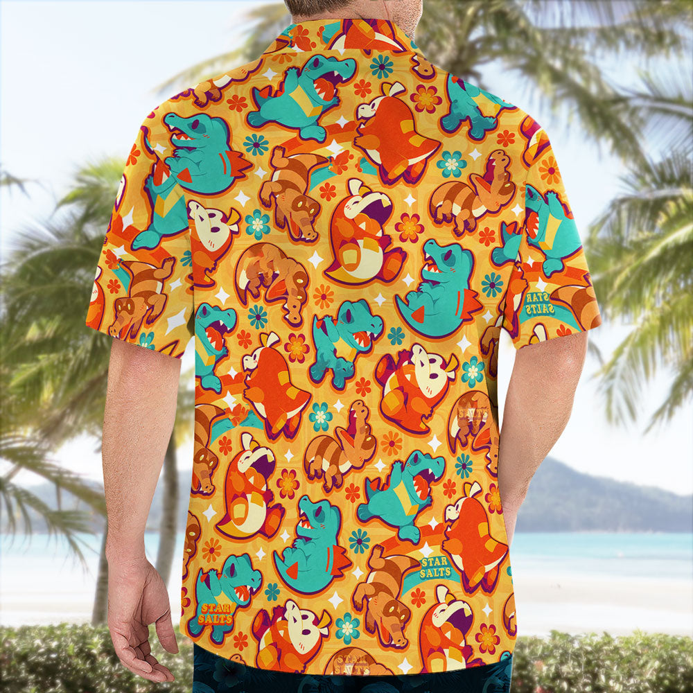 Totodile Crocodile Rock Button Up Hawaiian Shirt – Retro Tropical Party Style - Tropi Hawaiian Shirts