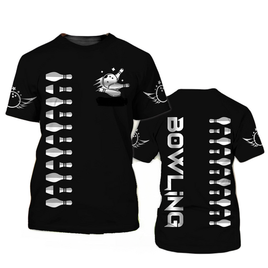 Bowling T-shirt Bowling Pins Balls With Wings T-shirt Black Unisex