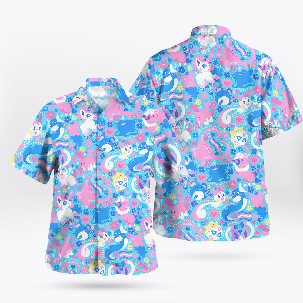 Cute Pokemon Hawaiian Shirt – Pink and Blue Tropical Vibes - Tropi Hawaiian Shirts