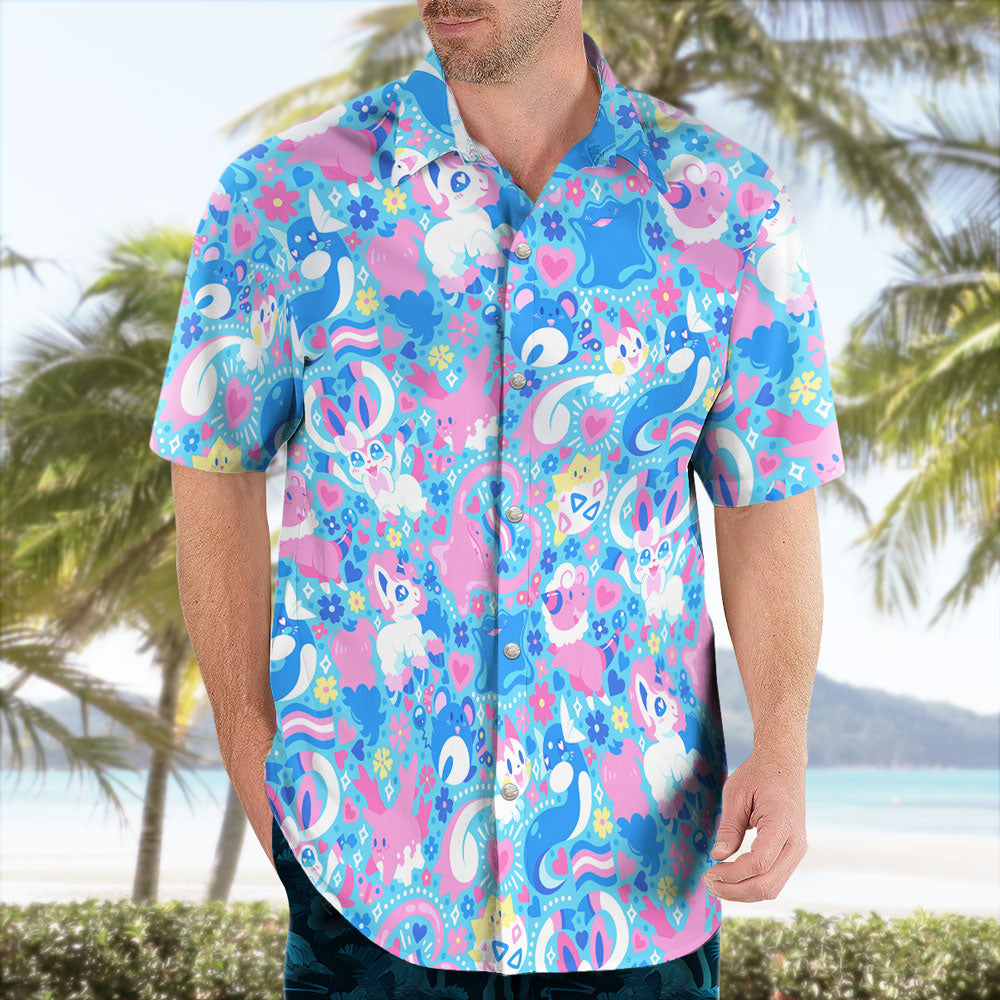 Cute Pokemon Hawaiian Shirt – Pink and Blue Tropical Vibes - Tropi Hawaiian Shirts