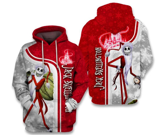  DN Christmas Hoodie Christmas Jack Skellington In Santa Claus Costume Grey Red Hoodie