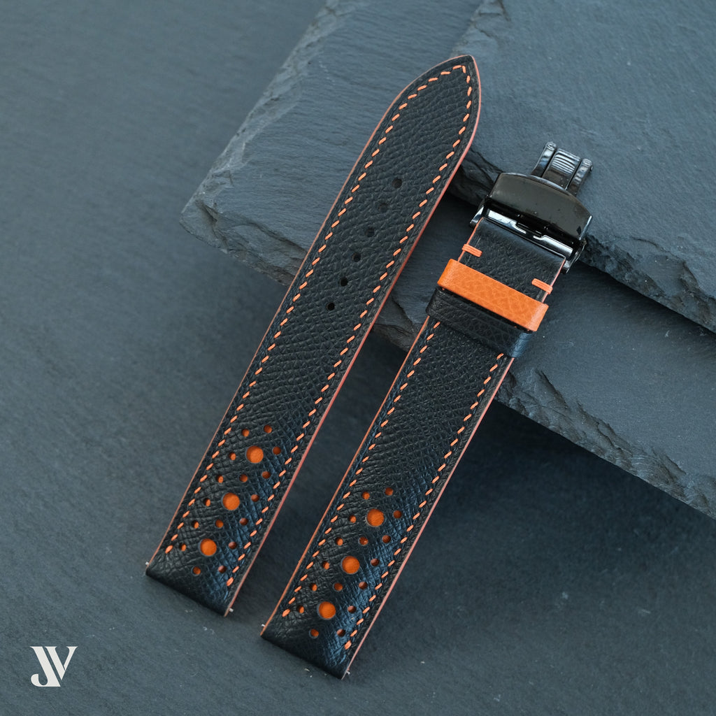 Navy Blue Orange Epsom Rally Leather Watch Strap — original product photo