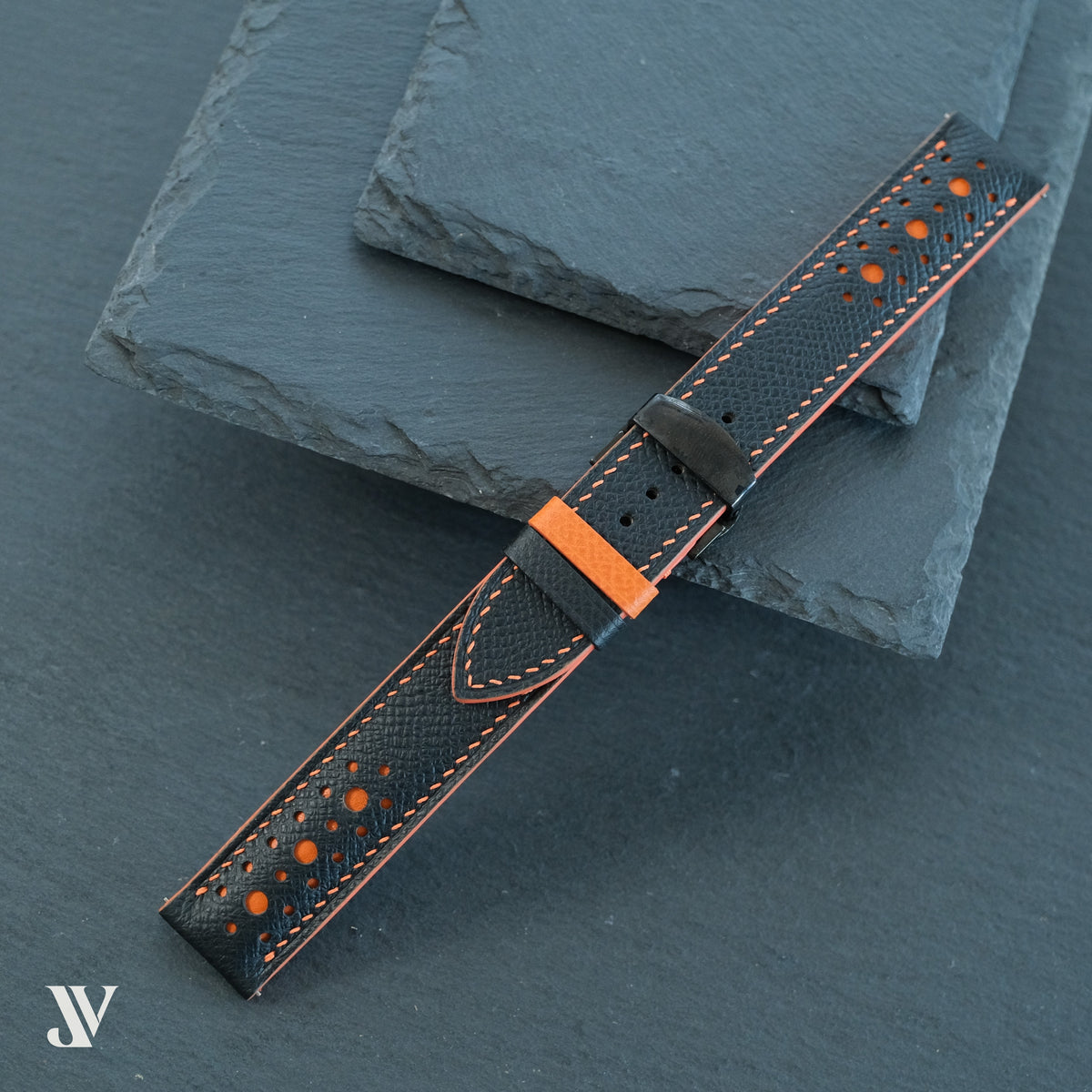 Navy Blue Orange Epsom Rally Leather Watch Strap — original product photo